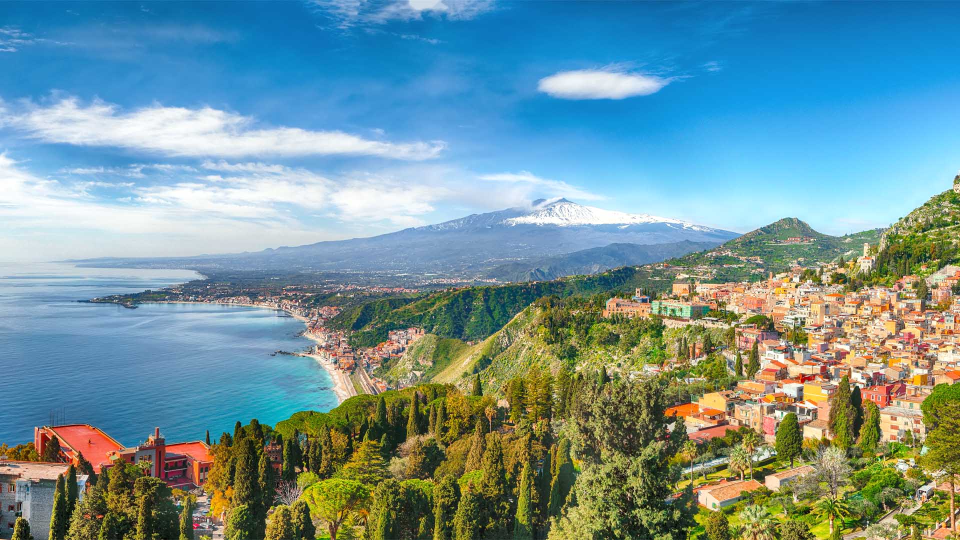 Aquamarine Blue Waters Of Sea Near Taormina Resorts And Etna Vol